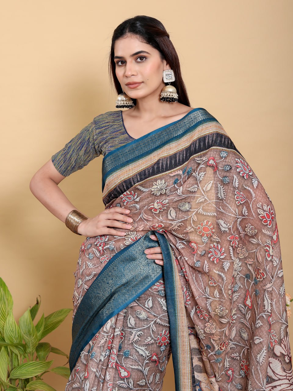 Heritage Brown & Teal Artistic Linen Cotton Saree | Kalamkari/Pichwai Style with Jacquard Border